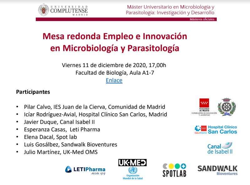 Mesa redonda Empleo e Innovación en Microbiología y Parasitología - Viernes 11 de diciembre - 17:00 h. - 1